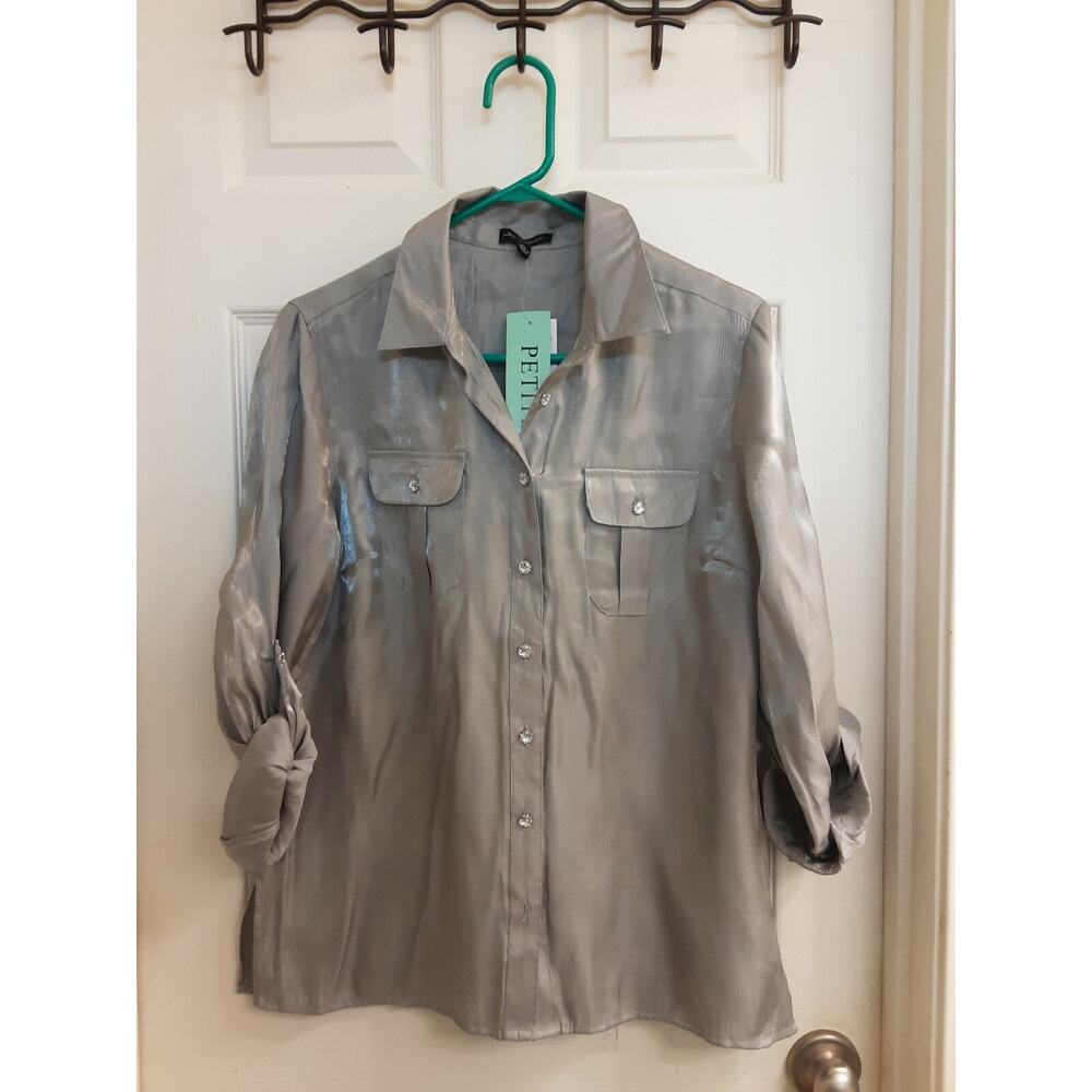 SOLDNotations Blouse, Women's Size Petite Large Gray Shiny Metallic Rhinestones